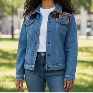 Denim Patchwork Jean Jacket Sz 10 Large Button Up Cotton Velvet Boho Western